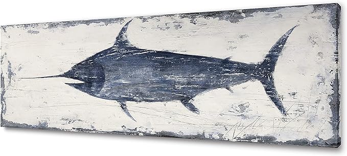 Yihui Arts Nautical Canvas Wall Art Animal Pictures Hand Painted Swordfish Paintings Ancient Ocean Seascape Coatal Artwork for Living Room Decoration