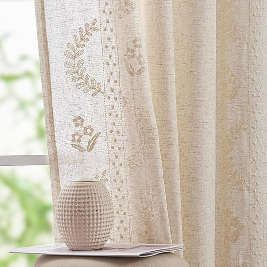 jinchan Belrose Linen Curtains for Bedroom Floral Curtains 96 Inch Length Linen Blend Ivory Embroidered Drapes Farmhouse Flower Patterned Drapes for Living Room Window Treatments Set 2 Panels