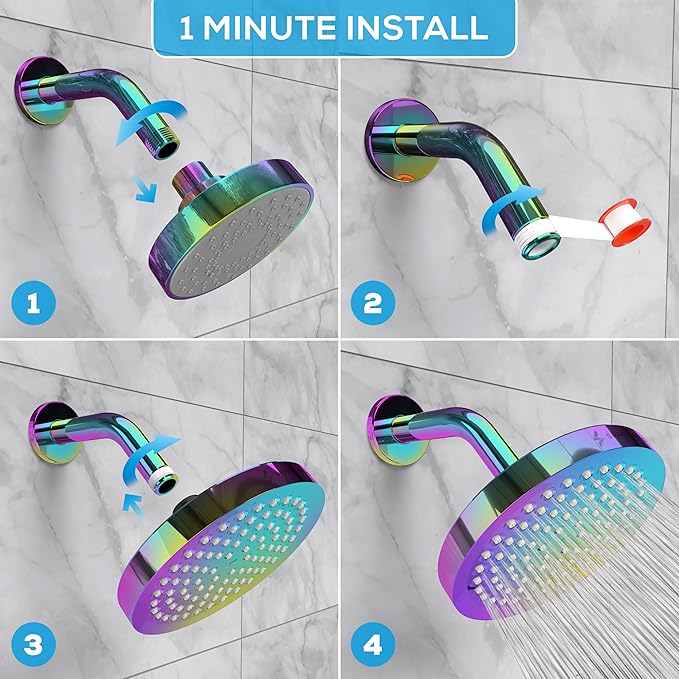 SparkPod Shower Head - High Pressure Rain - Premium Quality Luxury Design - 1-Min Install - Easy Clean Adjustable Replacement for Your Bathroom Shower Heads (Radiant Rainbow, 6 Inch Round)