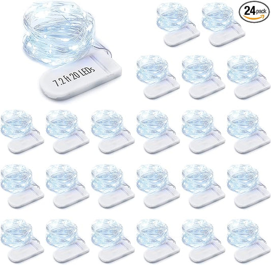 MUMUXI 24 Pack 7.2ft LED Fairy Lights Battery Operated, 20 Mini Battery Powered String Lights for Centerpiece Table Decorations, Wedding Party Bedroom Mason Jar Christmas, Cool White