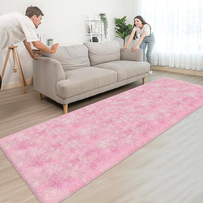 Super Soft Fluffy Living Room Area Rug 3x10 ft Tie-Dyed Light Pink Shaggy Furry Carpet Washable Non-Slip Floor Rugs Bedroom Bedside Nursery Kawaii Rug Fuzzy Girls Dorm Home Decor Aesthetic