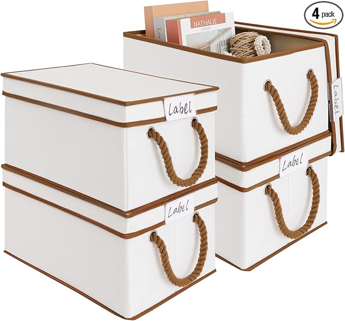 LoforHoney Home Fabric Storage Bins with Lids for Organizing, Foldable Closet Storage Boxes for Shelves, Clothes Baskets with Cotton Rope Handles, Large, Beige & Brown, 4-Pack