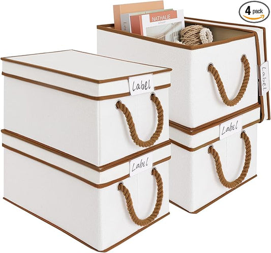 LoforHoney Home Fabric Storage Bins with Lids for Organizing, Foldable Closet Storage Boxes for Shelves, Clothes Baskets with Cotton Rope Handles, Large, Beige & Brown, 4-Pack