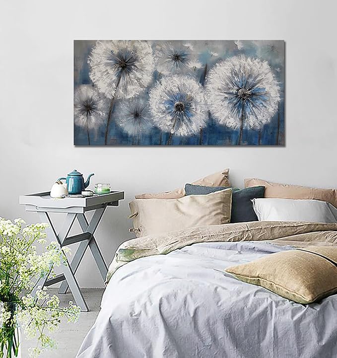 Dandelion Wall Art Blue Large Picture for Living Room Canvas Art Wall Decor Above Bed White Flower Artwork for Walls Wall Paintings Modern Art Aall Decor Framed Wall Art for Bedroom 29×58IN