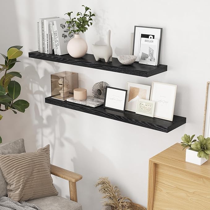 Fun Memories Black Floating Shelves 48 Inch Long, Wood Wall Shelves 48x9.3x1.5, 9.3 Inch Deep Floating Shelf for Wall, Large Black Shelves for Home Decor & Storage, Set of 2