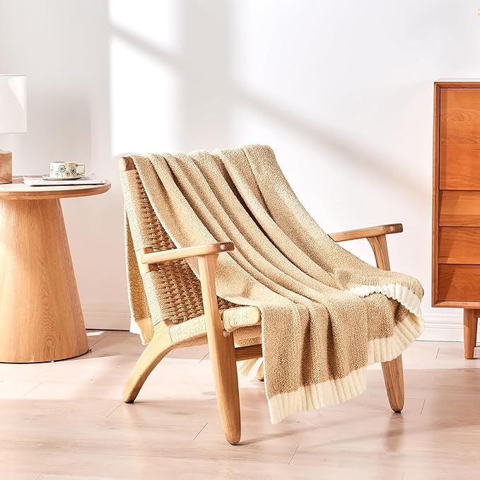 CozeCube Melange Blanket, Ultra Soft Khaki Tan and White Throw Blanket, Warm Cozy Knit Fuzzy Plush Reversible Throw for Couch Bed Sofa, 60"x80"