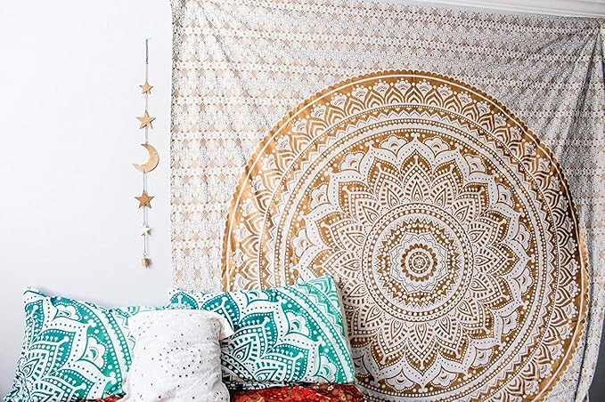RAJRANG Golden Mandala Tapestry for Bedroom and Living Room Wall Hanging Cotton Tapestries Golden and White Ombre 90x84 Inches