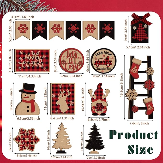 17 Pcs Christmas Tiered Tray Decor Set Winter Tiered Tray Decorations Farmhouse Tabletop Centerpiece Christmas Wooden 3D Sign for Xmas Home Buffalo Plaid Rustic Table Decoration(Retro)