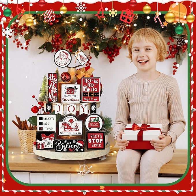 17 Pcs Christmas Tiered Tray Decor Set Winter Tiered Tray Decorations Farmhouse Tabletop Centerpiece Christmas Wooden 3D Sign for Xmas Home Buffalo Plaid Rustic Table Decoration(Vintage)
