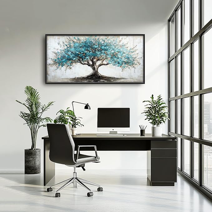 Flintis Large Tree of Life Framed Wall Art Teal Blue Tree Pictures Wall Decor Abstract Natural Landscape Canvas Painting Print Artworks Framed for Living Room Bathroom Master Bedroom 60L X 30W