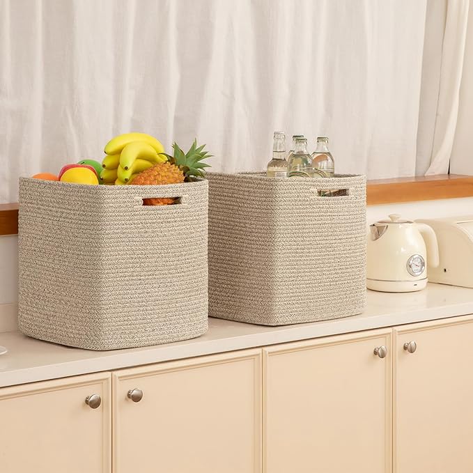 OIAHOMY Storage Cubes, 13 Inch Cube Storage Organizer, Collapsible Storage Bins, Baskets for Organizing, Storage Bins for Shelves-Brown, 2-PACK