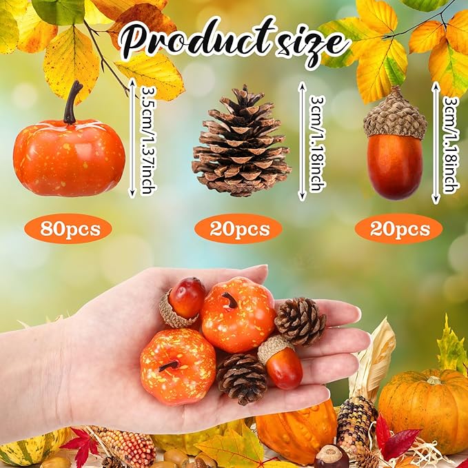 Yookeer 120pcs Mini Pumpkins Acorns Pine Cones Fall Decoration Thanksgiving Artificial Small Pumpkins Fake Props Bulk Rustic Vase Filler for Autumn Harvest DIY Craft Table Centerpiece (Classic Color)