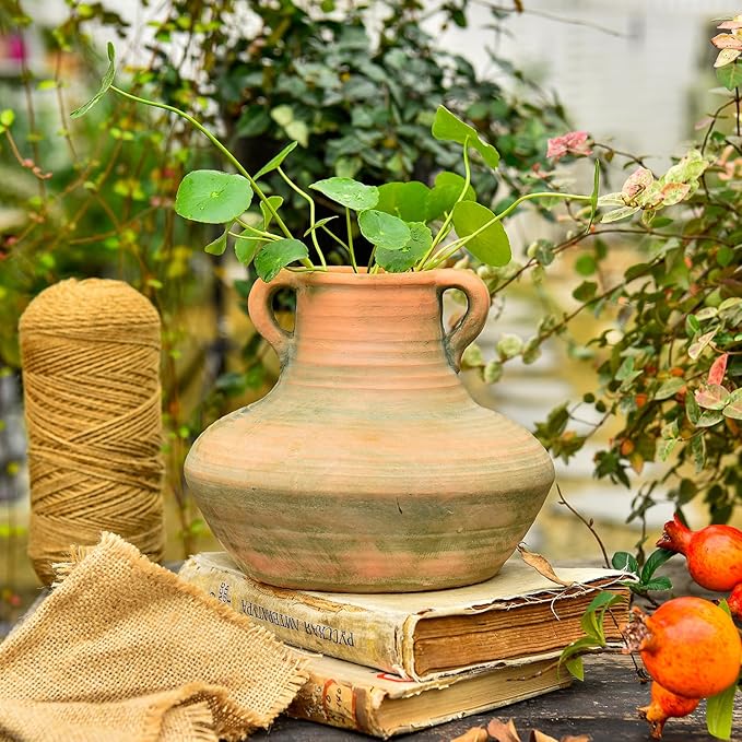 Sungmor Rustic Ceramic Flower Vase with Handles, Decorative Pottery Vase 7 Inch Terracotta Plant Pots, Cement Textured Vases Home Decor, Indoor Fresh Flowers Planter, Dried Flower Arrangements