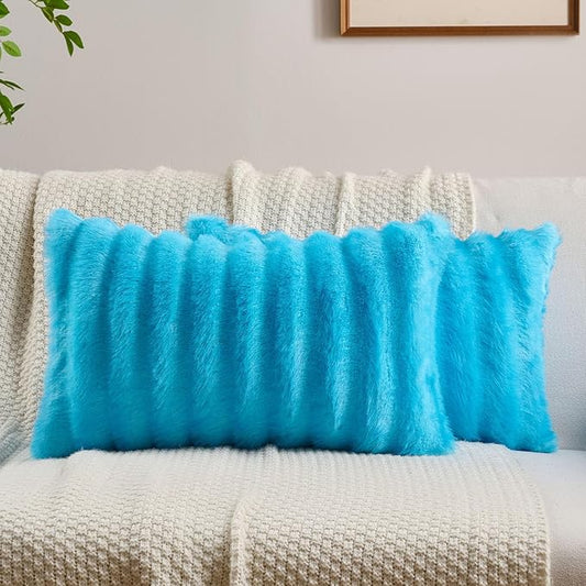 FUTEI Sky Blue Decorative Throw Pillow Covers 12x20 Inch Set of 2,Soft Fluffy Faux Mink Fur Dyeing Striped Textured Lumbar Pillow Case,Modern Home Decor for Couch Bed Living Room