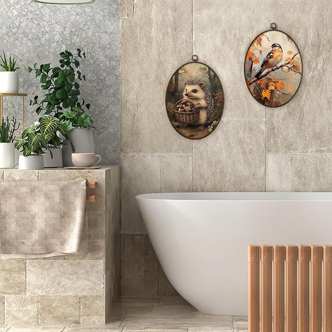 Gnmduw Vintage Hedgehog Oval Wall Art Framed, Fall Cottagecore Mushroom Canvas Prints Hanging Decor, Dark Academia Mushroom Hedgehog Wall Decor for Nursery Gallery Bedroom Living Room, 8.7x11.3 In