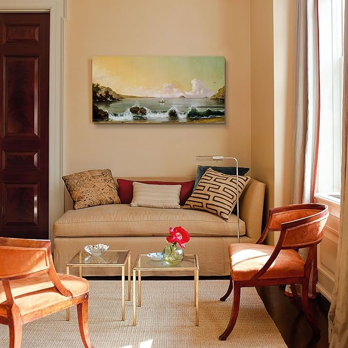 crmotu Large Landscape Wall Art, Beach Sunrise Dawn Vintage Painting, Bay Sailboat Scenery Art Prints, Coastal Wave Aesthetic Canvas Wall Decor Living Room Bedroom, Retro Nautical Pictures 20"X40"