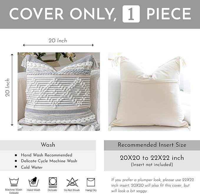 Gray Cream White Boho Throw Pillow Cover 20X20, Boho Woven Textured Pillow Cover, Neutral Pillow Cover, Sofa Couch Bed Farmhouse Lumbar Pillow (Cover ONLY)
