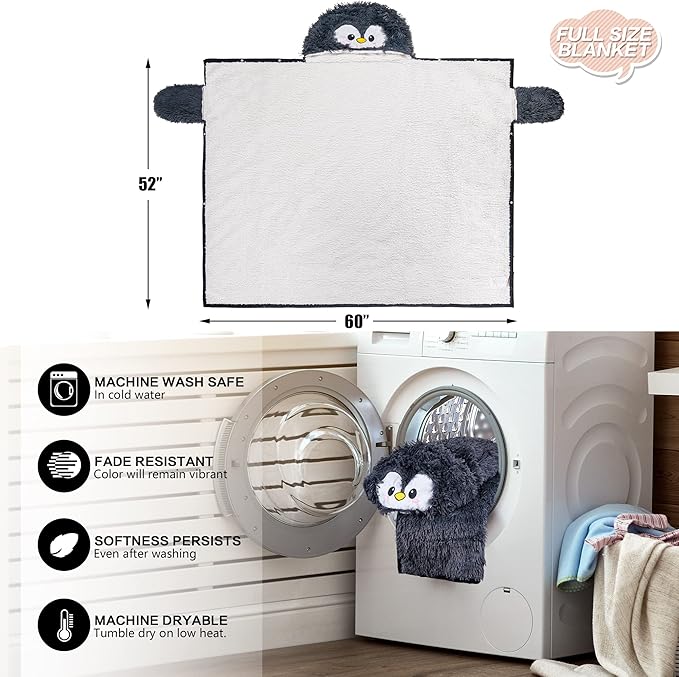 Penguin Wearable Hooded Blanket for Adults - Fluffy Super Soft Shaggy Faux Fur, Fuzzy Warm Cozy Plush Furry Fleece & Sherpa Hoodie Throw Cloak Wrap - Penguin Gifts for Women Adults and Kids