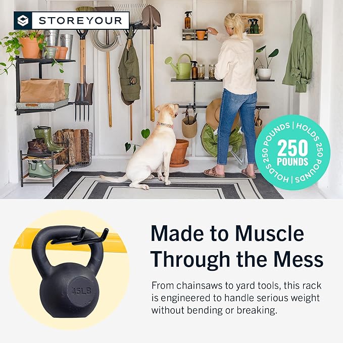 StoreYourBoard Wall-Mounted Rack With 4 Garage Hooks – Heavy-Duty Steel Holder Garage & Garden Storage for Shed, Workshop, or Home Organization – For Rakes, Shovels, Tools & More – 1 Pack, Tractor