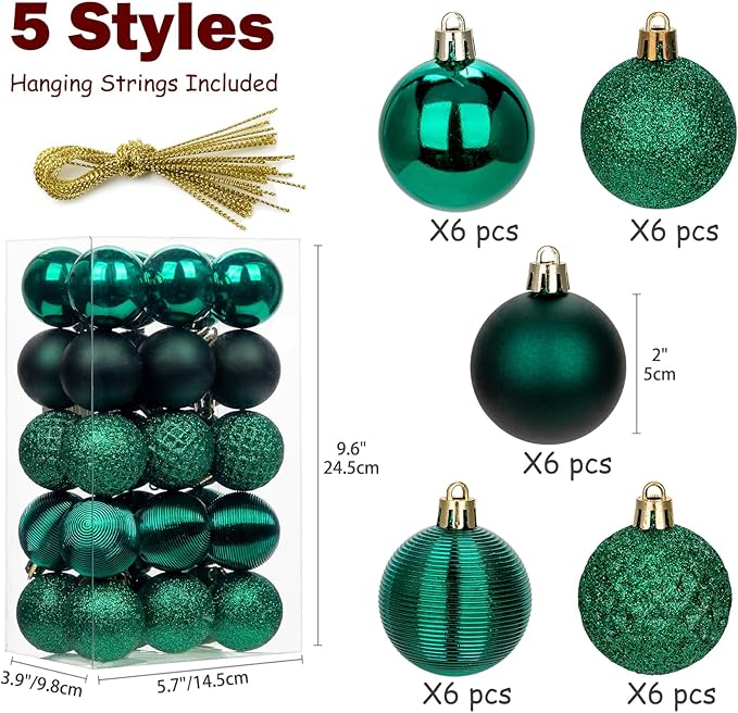 30PCS 2" Christmas Ball Ornaments Shatterproof Dark Green Christmas Tree Decorations Xmas Tree Balls Halloween Ornaments Décor