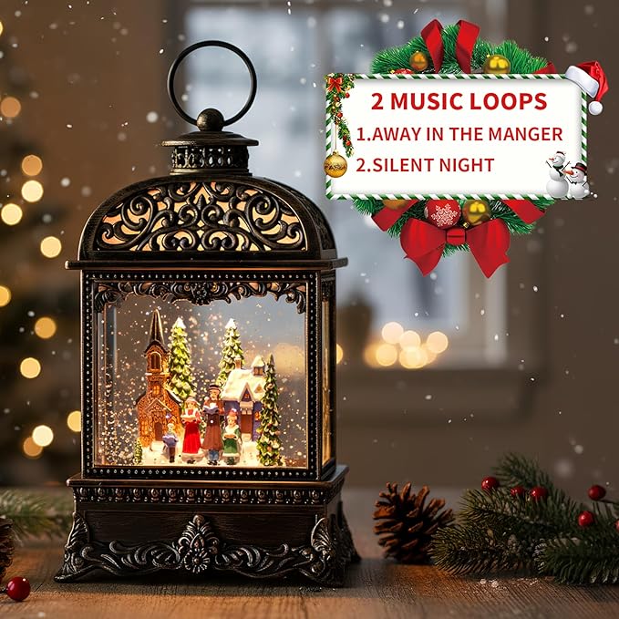 Christmas Snow Globe, Lighted Church Family Choir Scene, Musical Snow Water Lantern Swirling Glittering Holiday Decoration and Gift for Family Children or Friends