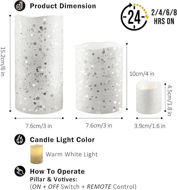 FURORA LIGHTING White Glitter Real Wax Flameless LED Candles with Remote & Timer (2/4/6/8 H), Battery Operated for Safety and Elegance, Pack of 8