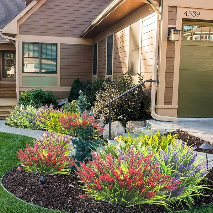 20 Bundles Artificial Plants Outdoor Fake Monkey Grass with Flowers (Red)