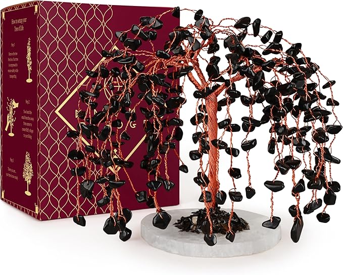 Black Obsidian Crystal Tree of Life Chakra Healing, Home and Office Desk Decor, Feng Shui Bonsai Trees for Postive Energy, Money, Good Luck, Christmas Decor, Spiritual Birthday Gifts for Women, Mom