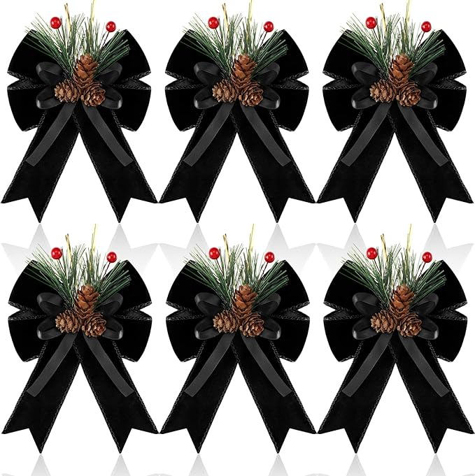 Syhood 6 Pcs Christmas Bows with Pine Cones Pine Needles Black Xmas Velvet Bows Elegant Ribbon Christmas Tree Wreath Decoration for Xmas Parties Indoor Outdoor Crafts DIY Decor