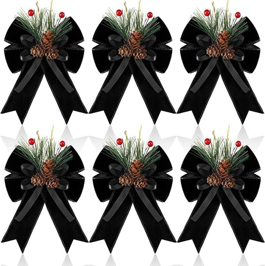 Syhood 6 Pcs Christmas Bows with Pine Cones Pine Needles Black Xmas Velvet Bows Elegant Ribbon Christmas Tree Wreath Decoration for Xmas Parties Indoor Outdoor Crafts DIY Decor