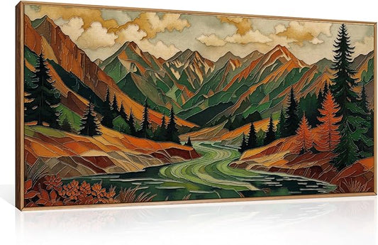 HPINUB Abstract Boho Mountain Framed Canvas Wall Art Set,Vibrant Forest Pine Tree Wall Decor,Textured Landscape Artwork Rustic Linear Scenery Art Print for Living Room,Bedroom,Office-20 x40