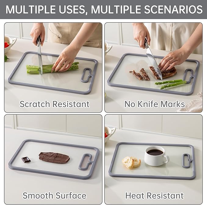 Glass Cutting Board for Kitchen, 2Pcs Tempered Glass Chopping Board with Non-Slip Edges, Dishwasher Safe Clear Cutting Board Set for Countertop, Heat & Shatter Resistant, Gray 15"×11"