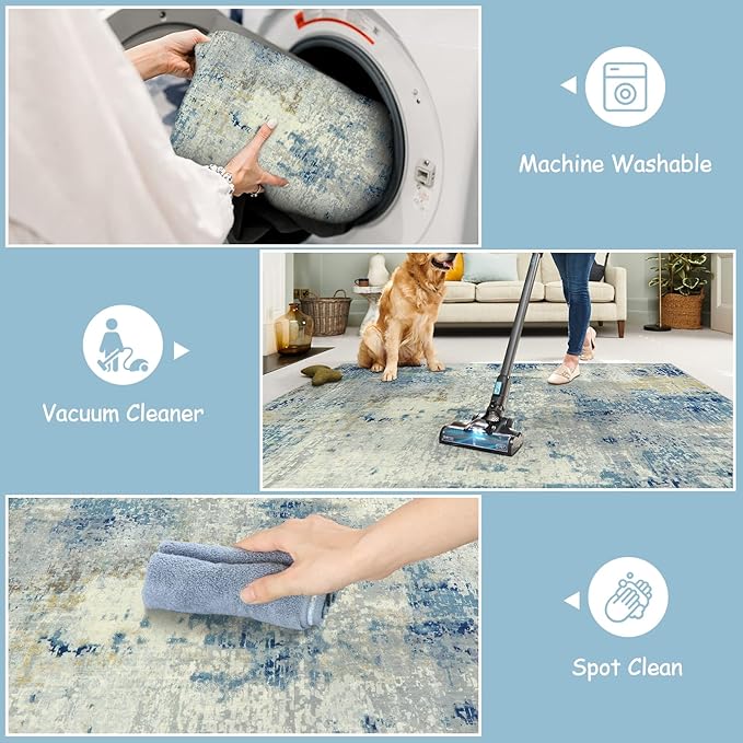 Lahome Modern Abstract Area Rug 3x5, Washable Bedroom Rug Soft Throw Entry Mat Contemporary Faux Wool Non-Slip Stain Resistant Carpet for Living Room Kitchen Bath Office, Blue/Yellow/Ivory