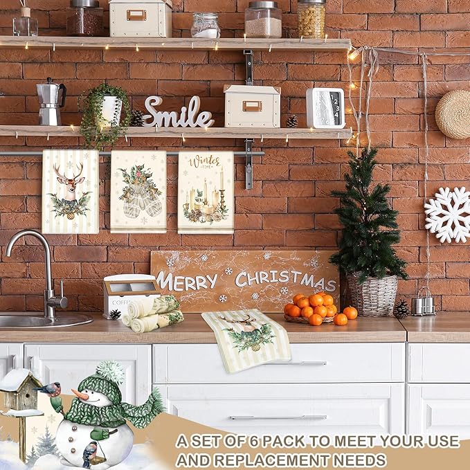 12 Pcs Christmas Kitchen Towels and Dishcloths Absorbent Christmas Tree Reindeer Truck Hand Dish Towels Decoration for Xmas Home Gift Supplies, 14.2 x 21.3 Inch(Cute Style)