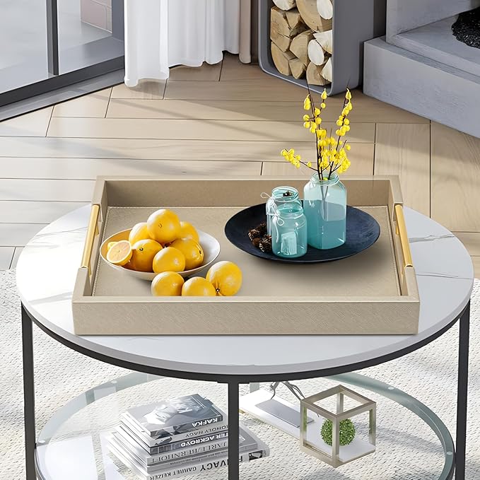 Champagne Faux Leather Serving Tray with Handles,17x12 inches, Large Decorative Tray for Ottoman Coffee Table Decor Living Room, Kitchen, Bathroom