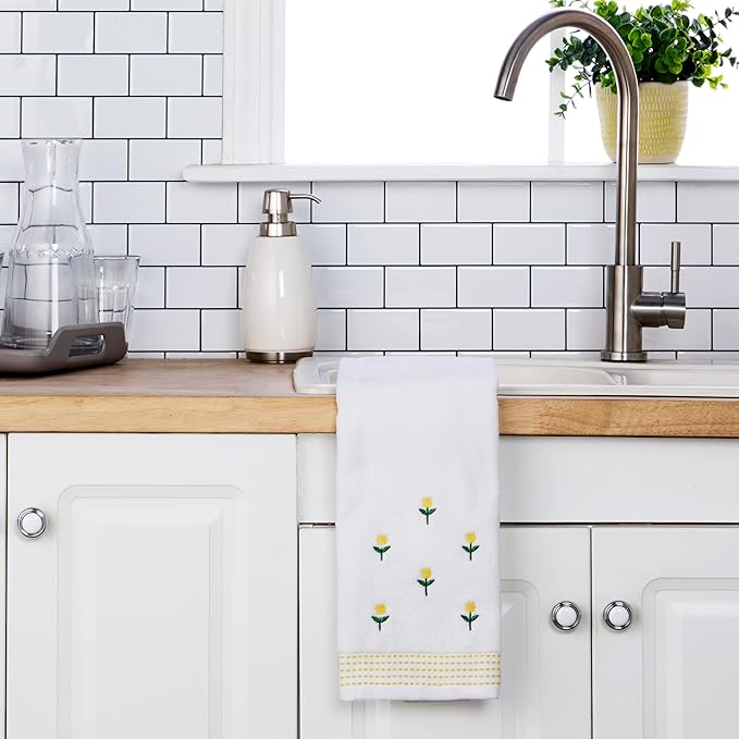 SKL Home Staggered Blossoms Hand Towel 2pc Set for Bath/Kitchen/Bar & Gift, White