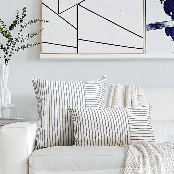 Farmhouse Pillow Covers 12x20, Modern Accent Lumbar Throw Pillow Covers Set of 2, Navy and Beige Striped Patchwork Linen Decorative Pillows Cushion Covers for Couch Chair Bedroom Fall Decorations