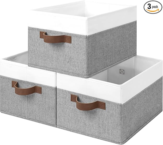 StorageWorks Storage Baskets for Shelves, Foldable Fabric Closet Storage Bins with Handles, Fabric Storage Bins Clothes Organizer, Gray and White, 3-Pack, Large