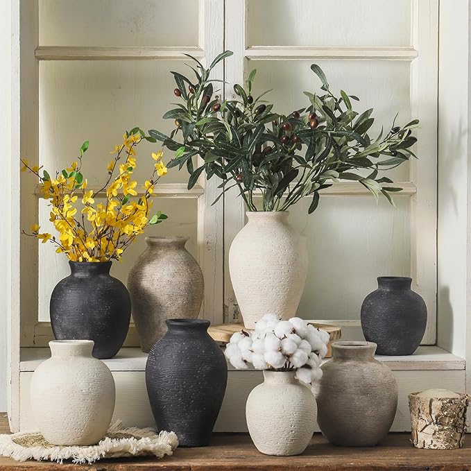 Ceramic Flower Vase Home Decor - Small Farmhouse Table Vases Rustic Vintage Living Room Kitchen Bedroom Decorations for House Book Shelf Office Coffee Desk Dining Fireplace (6" Rustic)