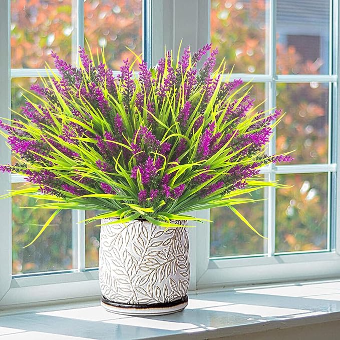 20 Bundles Artificial Plants Outdoor Fake Monkey Grass with Flowers (Fuchsia)