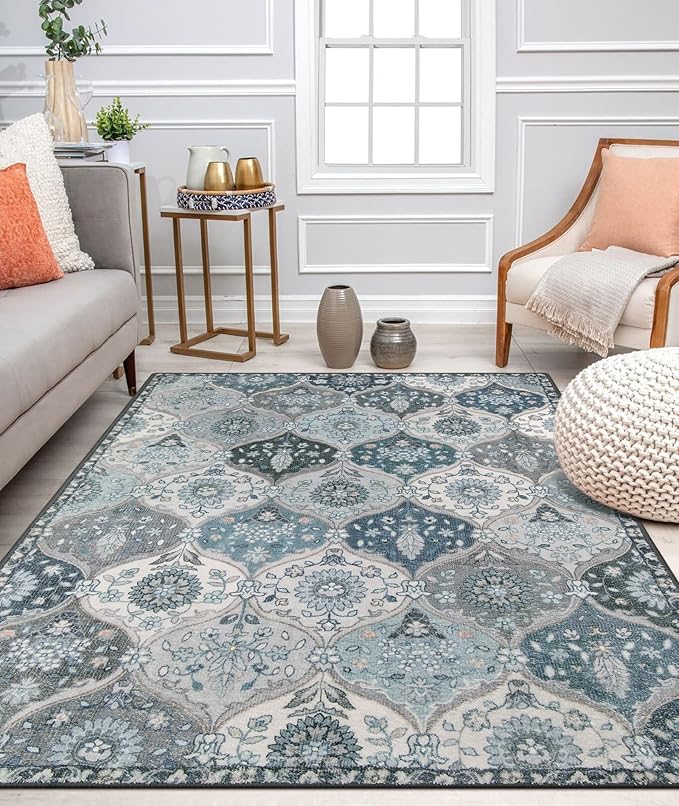 Lahome Moroccan Machine Washable Area Rugs, 4x6 Rug for Living Room Bedroom, Soft Non-Slip Rug Vintage Trellis Ultra-Thin Throw Carpet for Dining Room Office, Blue