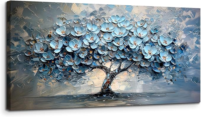 crmotu Tree of Life Large Wall Art for Living Room, Blue Floral Tree Abstract Canvas Prints Aesthetic Pictures, Modern Neutral Wall Decor for Bedroom Bathroom Office, Nature Botanical Decor 30"X60"