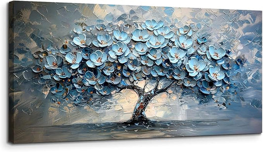 crmotu Tree of Life Large Wall Art for Living Room, Blue Floral Tree Abstract Canvas Prints Aesthetic Pictures, Modern Neutral Wall Decor for Bedroom Bathroom Office, Nature Botanical Decor 30"X60"