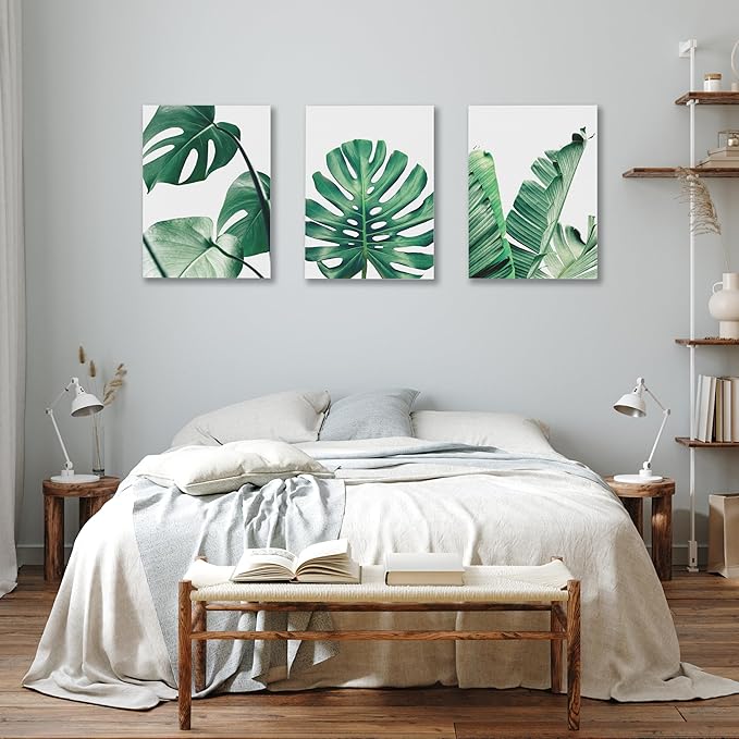 COSCTOR Set of 3 Botanical Wall Art Bathroom Green Plant Tropical leaf Picture Framed Prints for Home Living Room Bedroom Restroom Decoration(Framed,12x16)