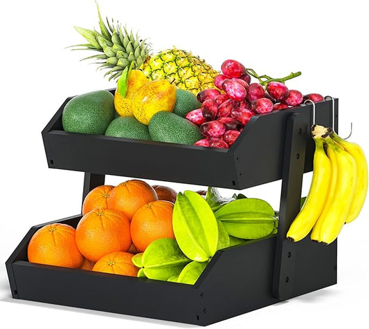 Bamboo Fruit Basket for Kitchen– 2 Tier Fruit Bowl For Kitchen Counter, Large Fruit Holder With 2 Banana Hangers, Idea For Fruit and Vegetable Storage, Bread Basket, Snack Organizer(BLACK)