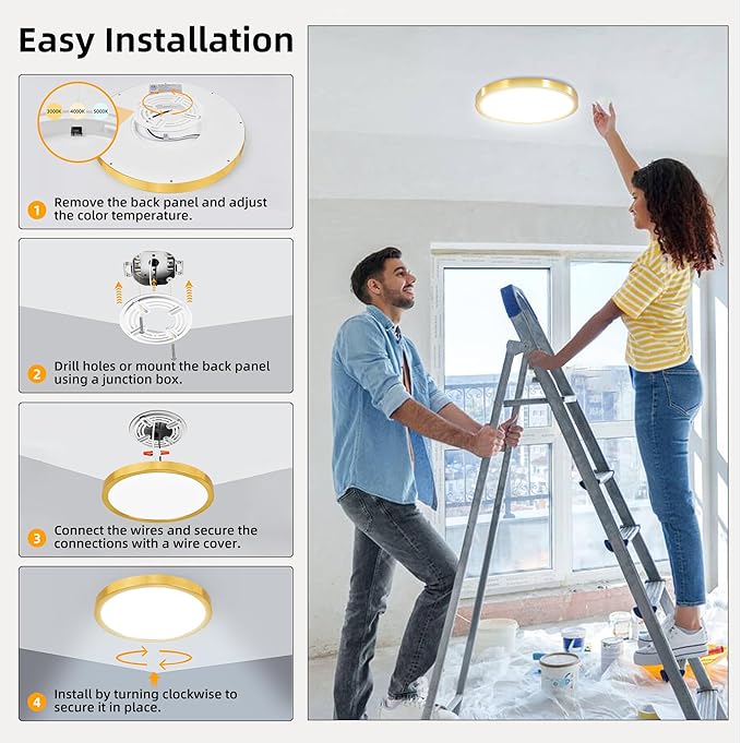 Hlite 4pack 12 inch Flush Mount LED Ceiling Light Fixture,24W 2400LM Super Slim Light Fixtures Ceiling Mount 3000K/4000K/5000K 3CCT Selectable,Ceiling Light Fixtures for Kitchen,Bedroom (Gold)