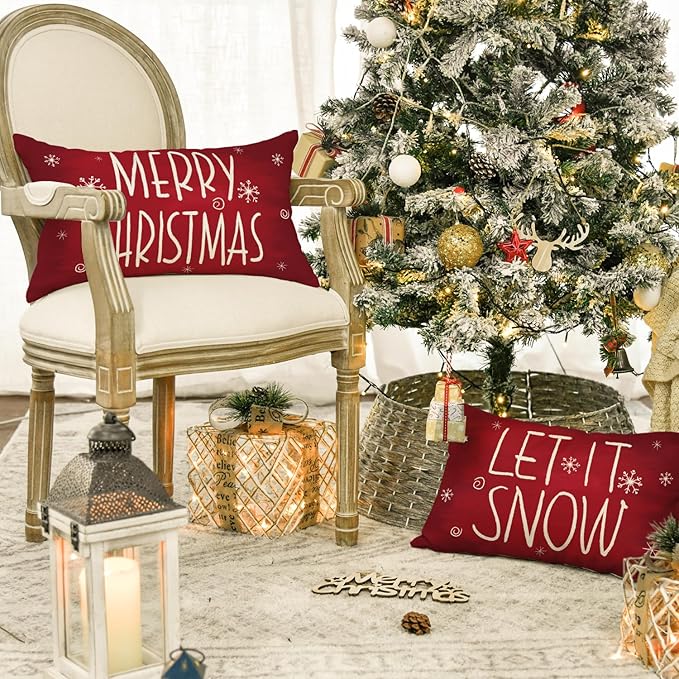 AVOIN colorlife Merry Christmas Snowman Let It Snow Throw Pillow Covers, 12 x 20 Inch Xmas Tree Winter Holiday Cushion Case Decoration for Sofa Couch Set of 4