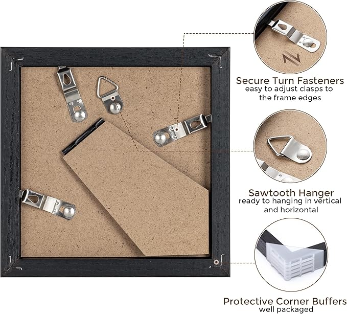 4x4 Black Picture Frames Set of 4, 4"x4" Solid Oak Wood Frame with Real Glass, 4 x 4 Photo Frames with Stand, 4x4 Wood Frames for Wall, Rustic 4 by 4 Picture Frame