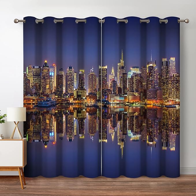 Jekeno City Landscape Blackout Curtains New York Manhattan Midnight Cityscape Ocean Reflection by The Coast Scenery Urban Decor for Bedroom Living Room Grommet Window Drapes 2 Panel Set, 52"x84"