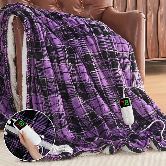 Heated Blanket Electric, Twin Size 62X84, Heating Blanket with 10 Heating Levels & 8 Hours Auto Off, Purple Checkered Plaid Sherpa Blankets Warmer for Adults, Fast Heating and Washable, ETL & FCC